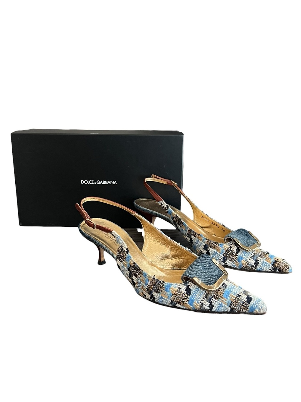 Dolce & Gabbana Women’s Blue Multi Boucle Tweed Point Toe Kitten Heels Size 38